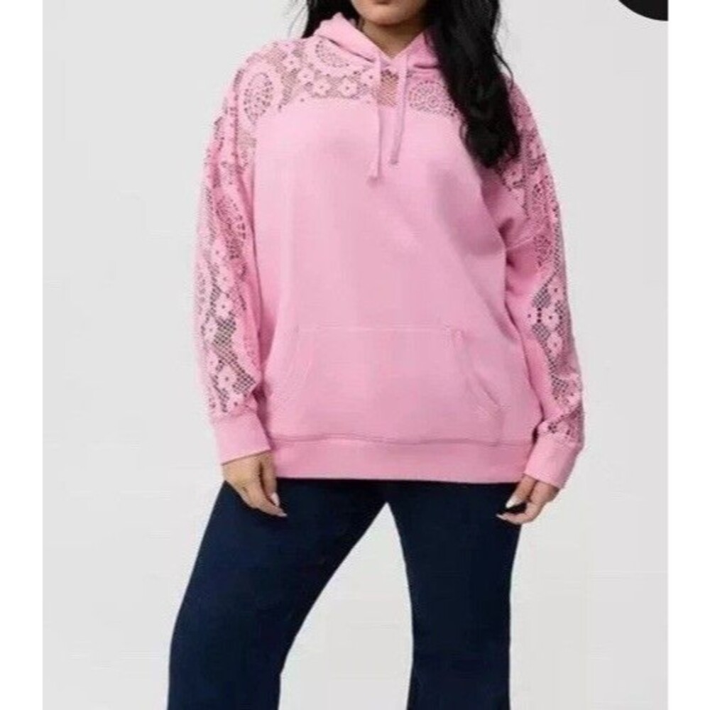 Torrid Cozy Fleece Relaxed Crochet Yoke Hoodie - Pink Size 00- Brand New